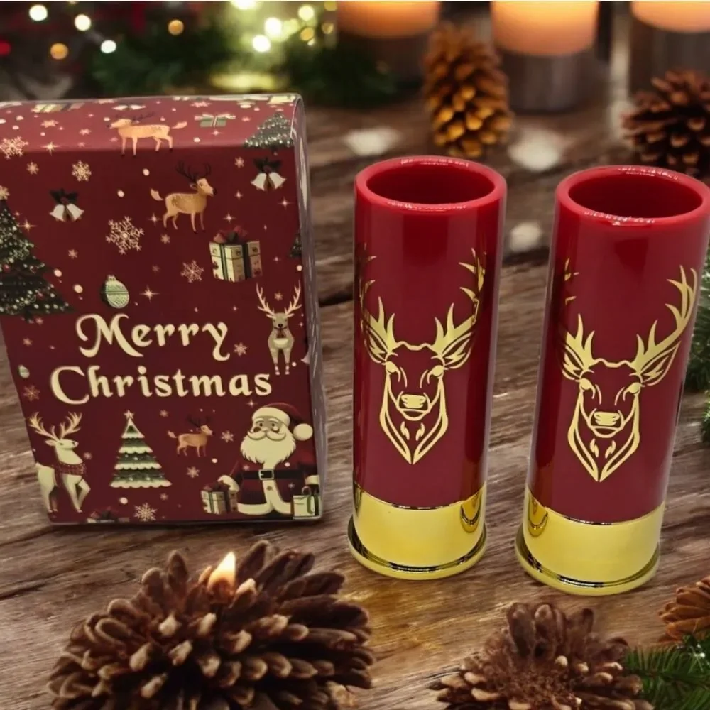 12 Gauge Shotgun Shell Shot Glass Set Red Gold Deer Hunter Christmas Gift Box